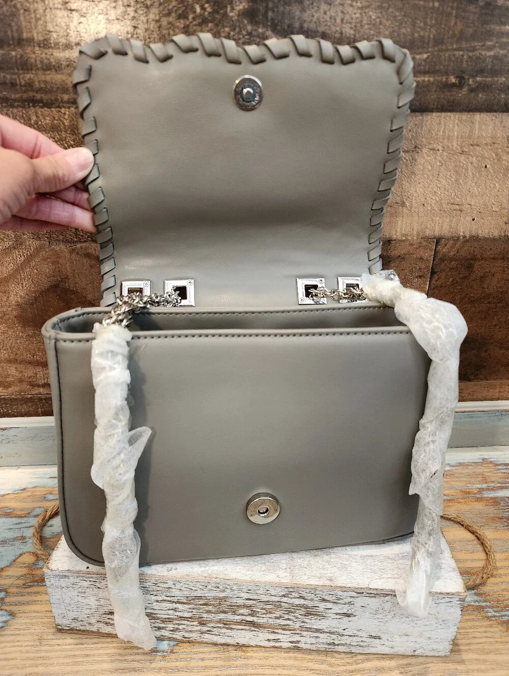Anne Fontaine Gray Rose-Embossed Crossbody with Woven Edge